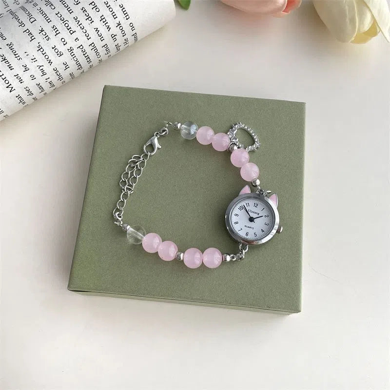 Women's chain watch with cat ear frame in silver, 8mm thickness, casual style