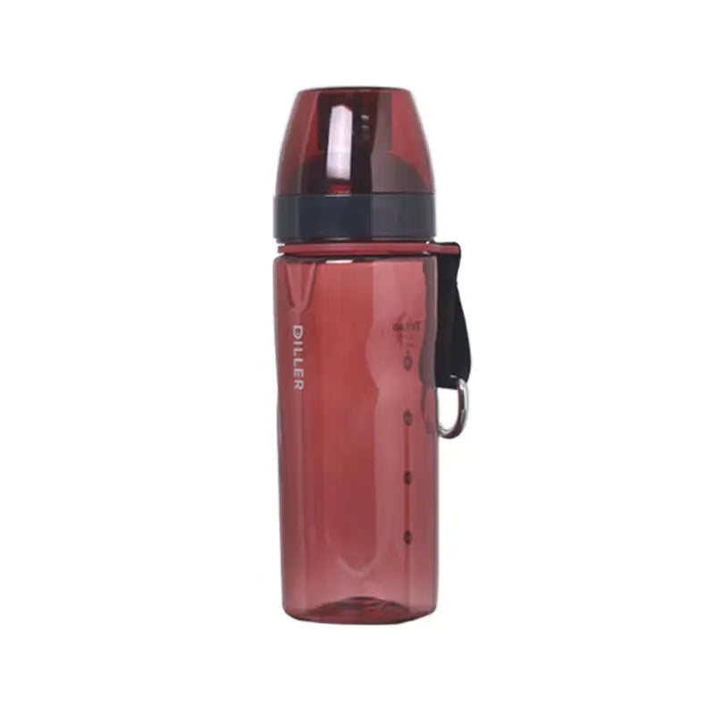 Chinese-style portable sports water bottle with tea infuser compartment in blue, red, black, or grey.