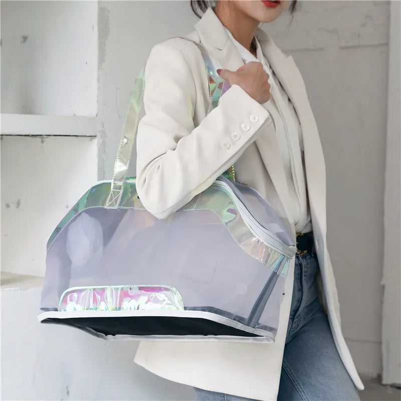 MOORPET leather cat carry bag in beige with structured sides and top handle.