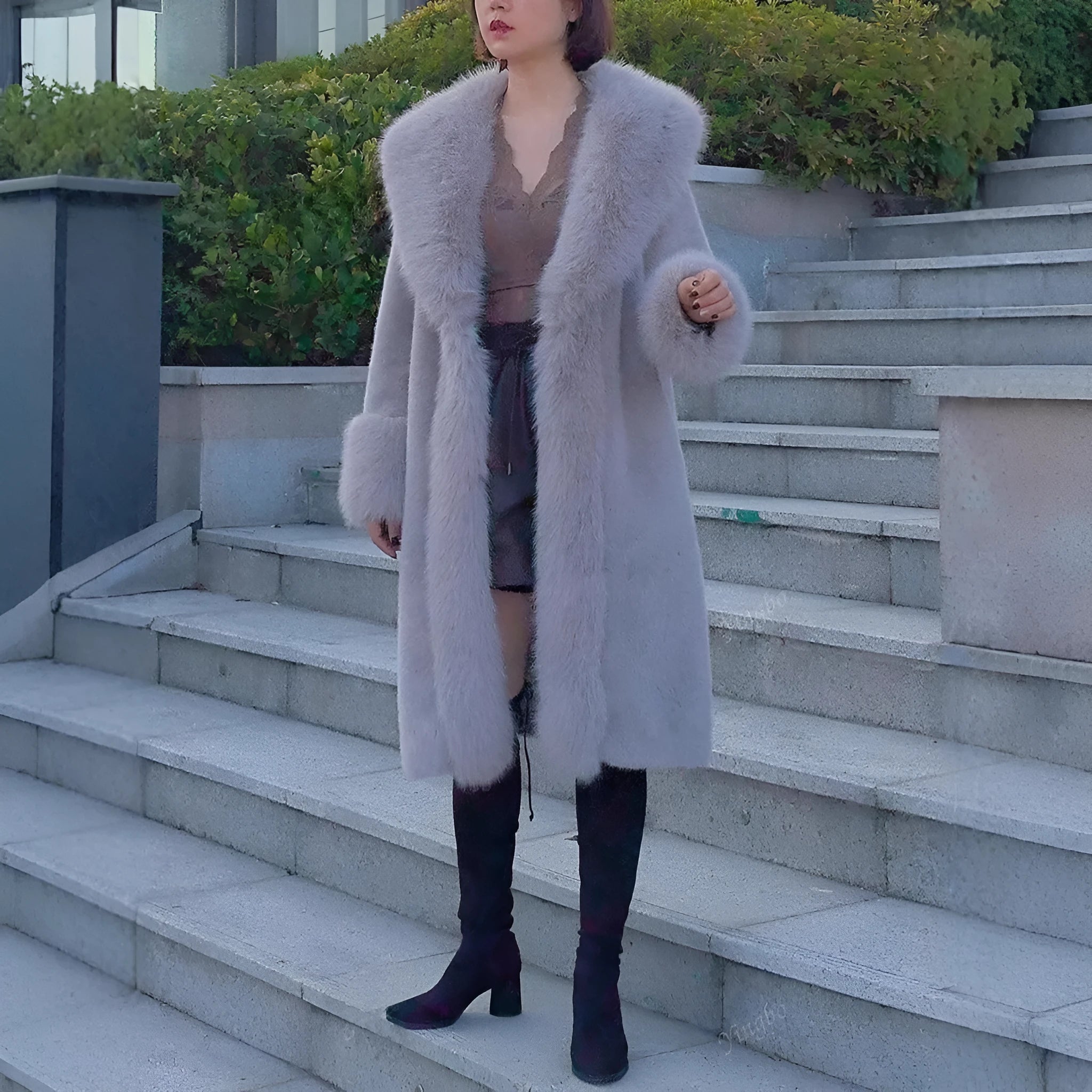 Women's thick grey faux rabbit fur mid-length coat with fur collar.