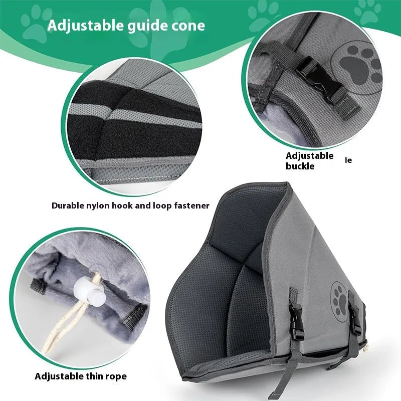 Adjustable polyester pet recovery collar in casual style, shown in L, M, and XL sizes.