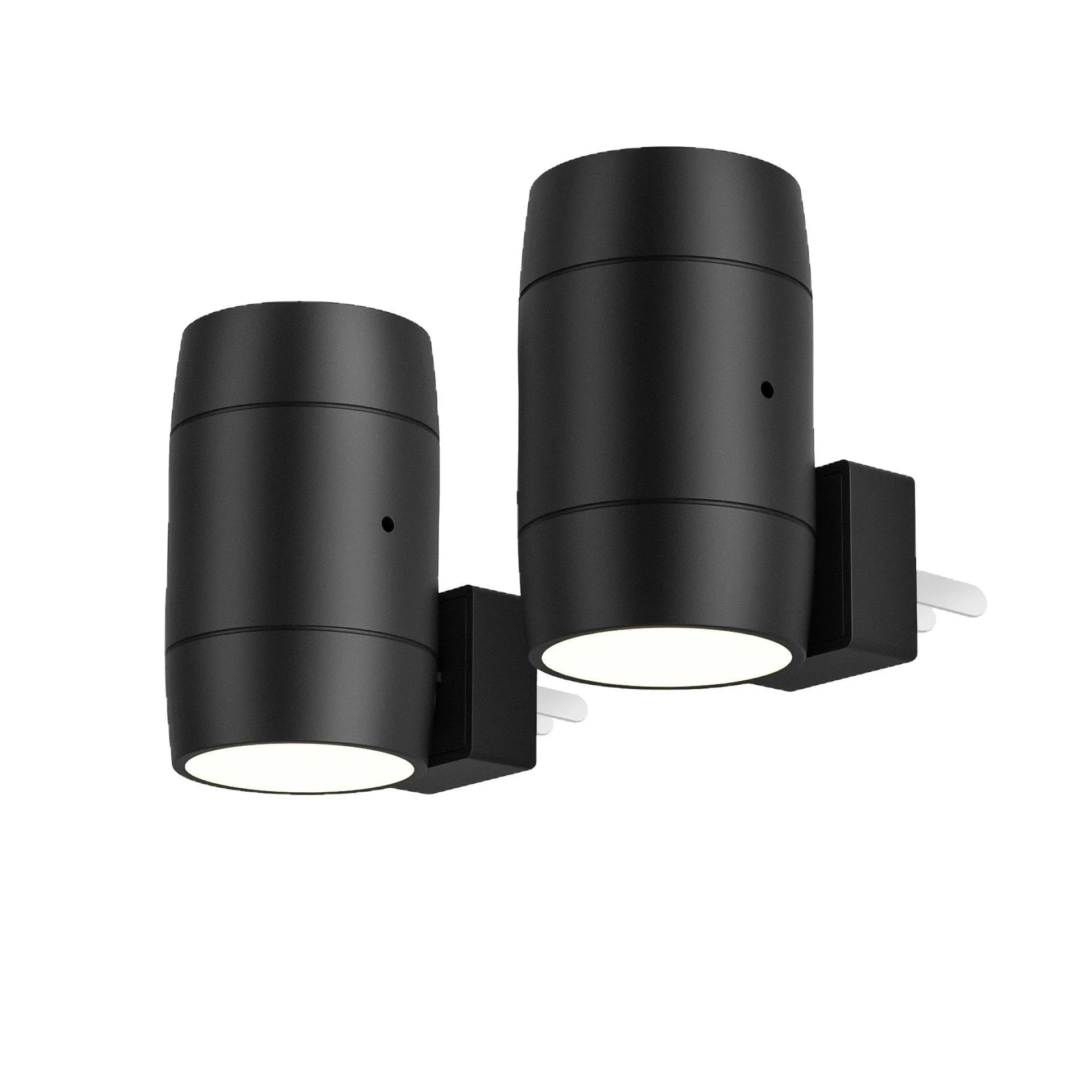 White plug-in adjustable night lamp with a rotatable light head, shown next to a power socket.