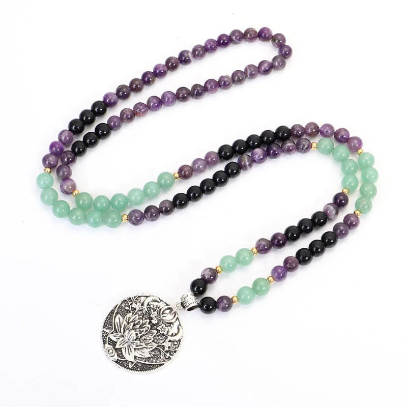 Yoga lotus pendant necklace with matching bracelet, adjustable 51-80cm length, handmade stone beads