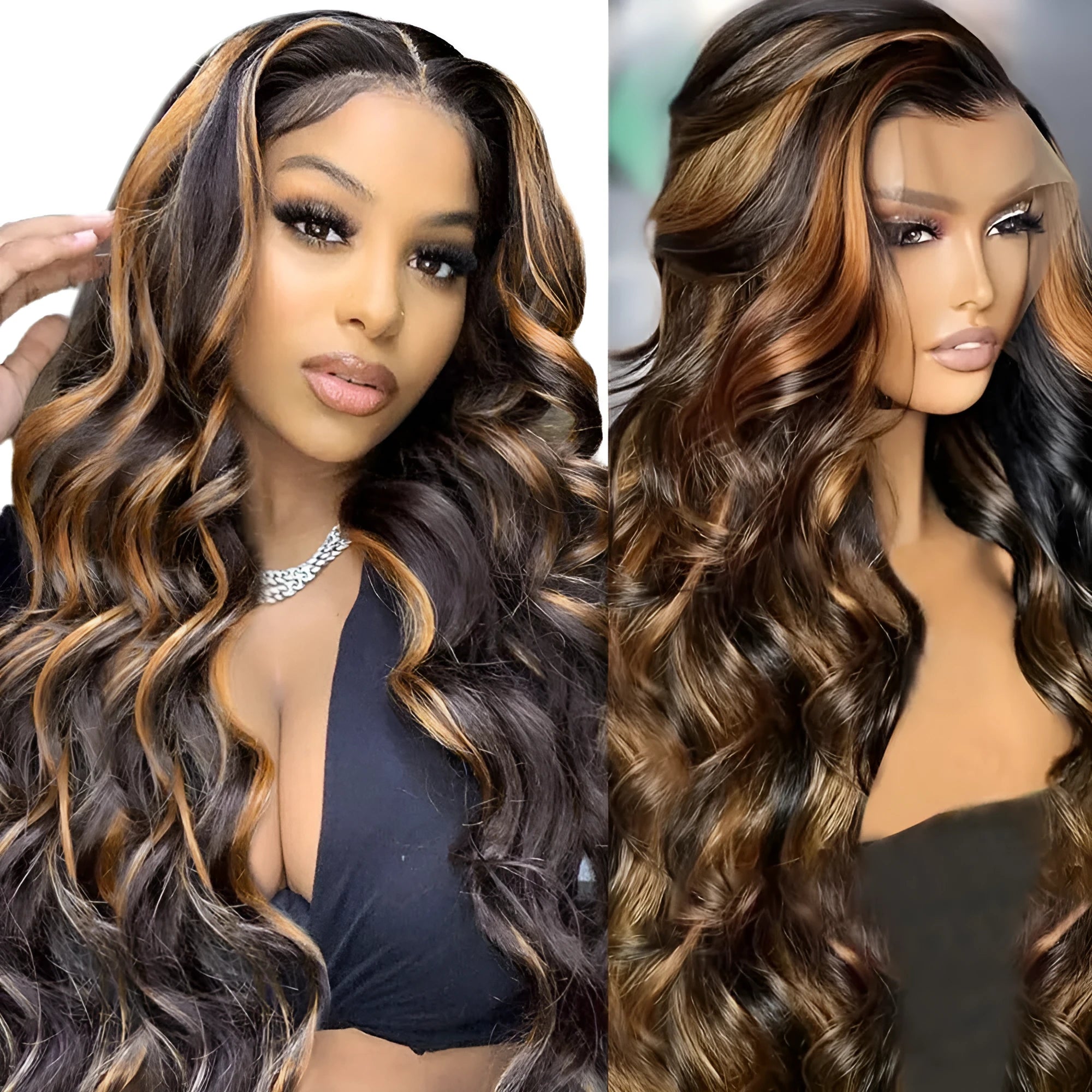 M1559 1B/30# brown medium long curly wig with big waves on a mannequin, front lace design