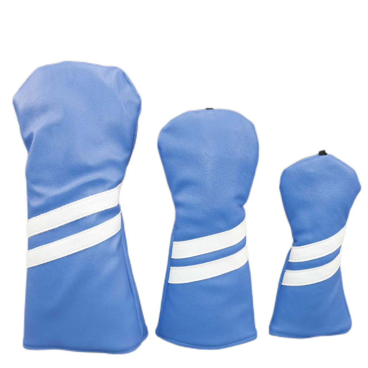 Golf wood club head cover with two oblique stripes, shown in blue, with size options large, medium, and small.
