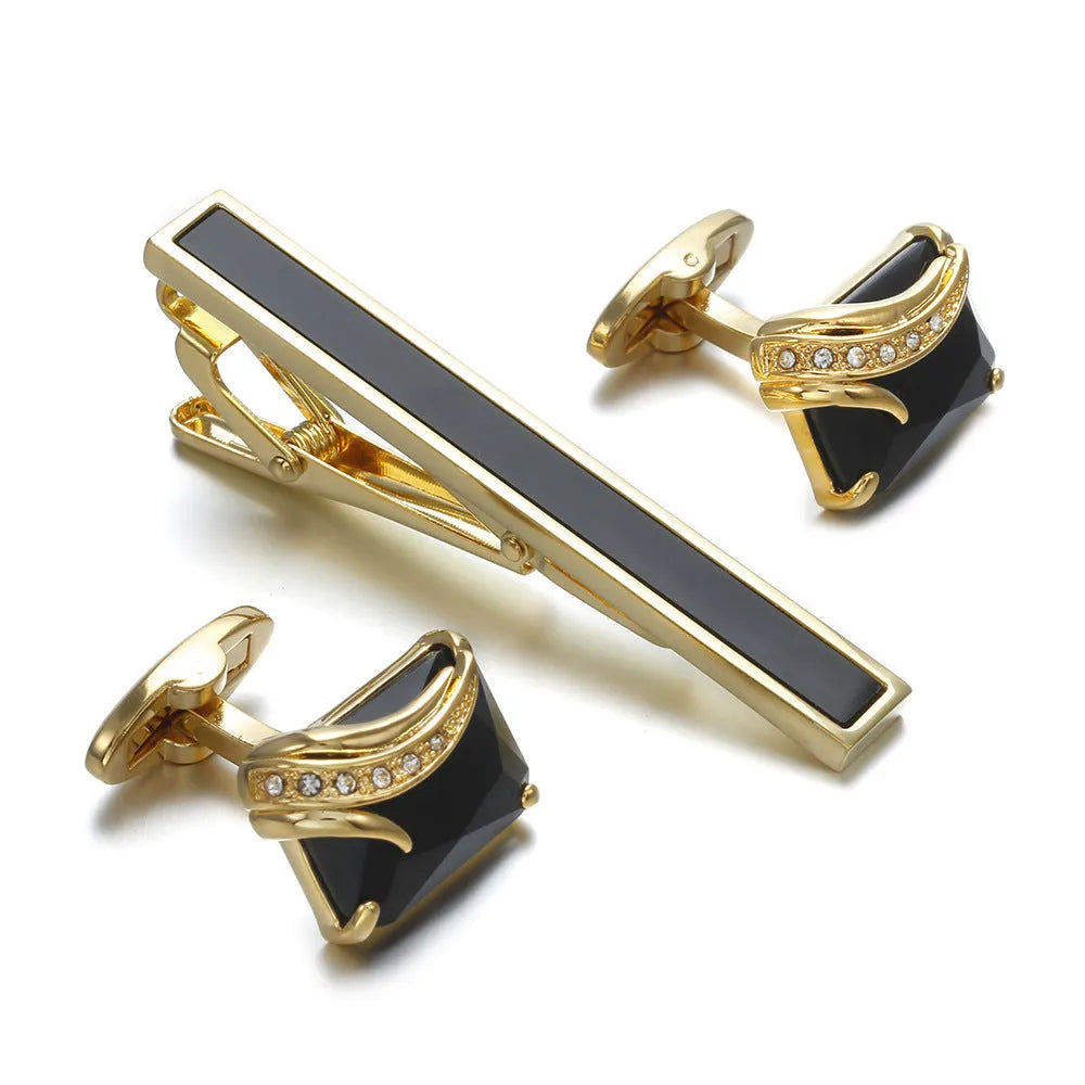 Gold tie clip 60mm and cuff links 18mm set, flat head geometric shape, electroplated copper finish