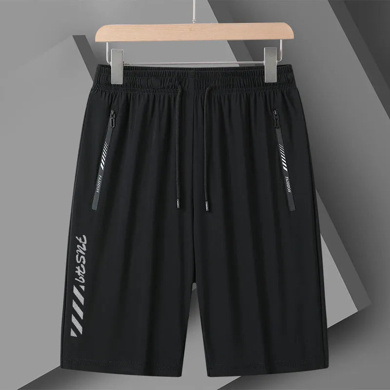 Men's black quick-drying nylon sports shorts with loose fit and fifth pants length