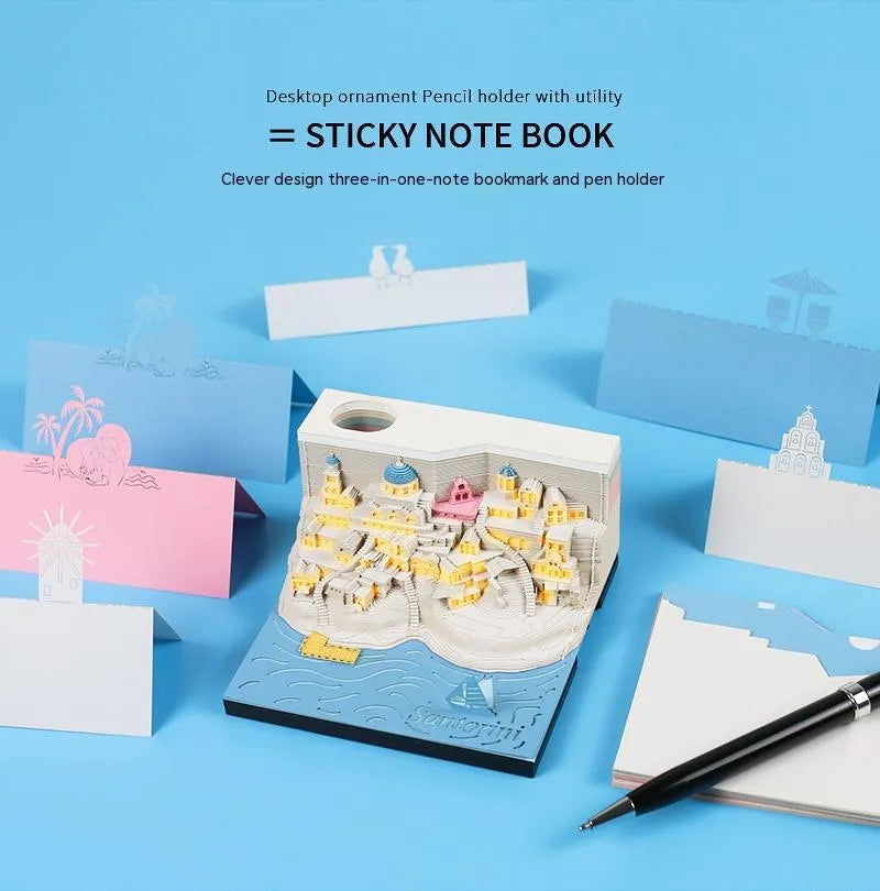 Romantic Santorini 3D notepad paper carving decoration 9x9x5cm 166 pages