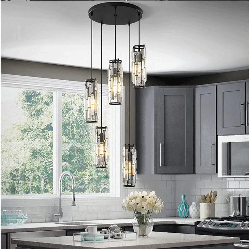 Industrial single head LED droplight with crystal design in black, gold, or chrome finish for bedside or aisle use.