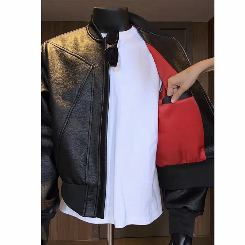 Men's black PU litchi leather jacket with extended 100cm length and tight light business fit