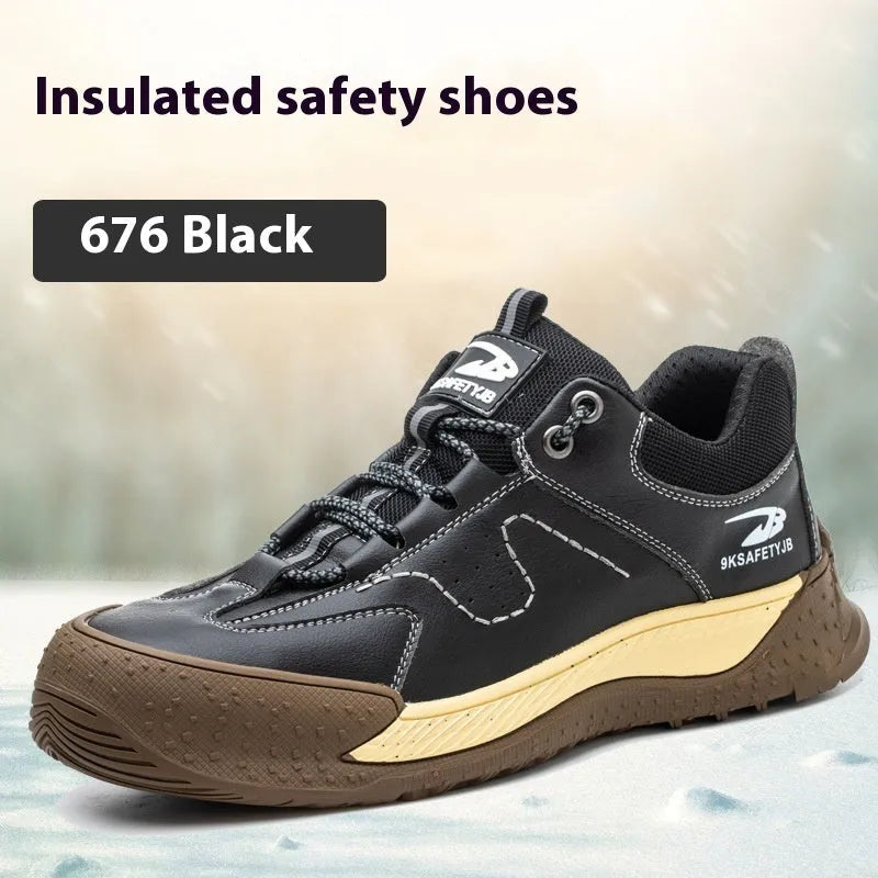 Men's leather work shoes with rubber sole in black colour showing front and side views