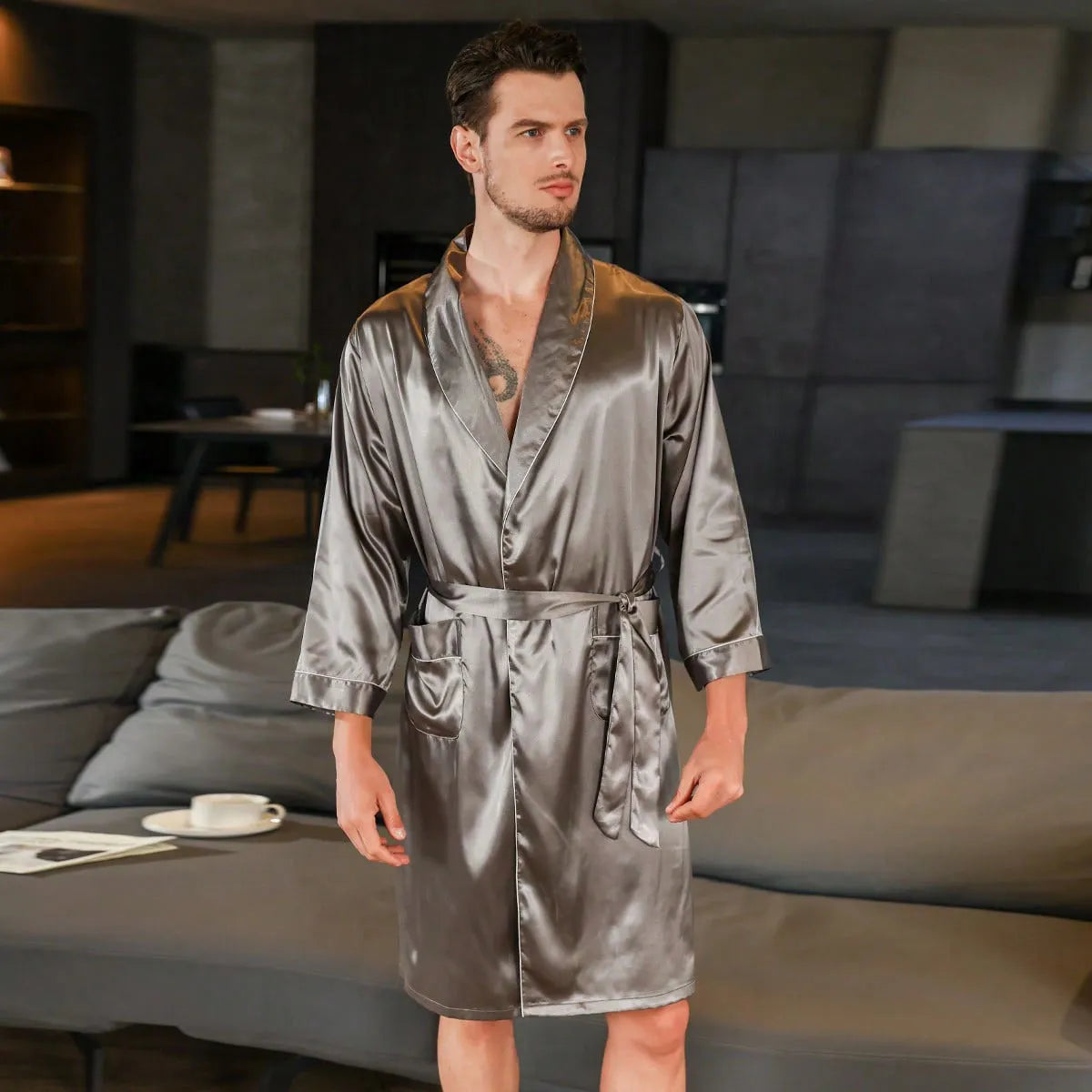Men's summer silk bathrobe nightgown in rayon fabric showing colour options