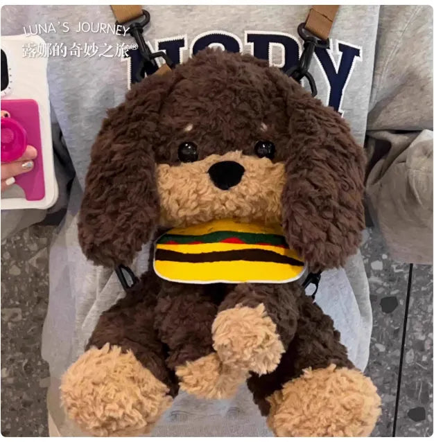 Dachshund plush doll backpack bag with brown hamburger bib, single shoulder strap, artificial wool texture