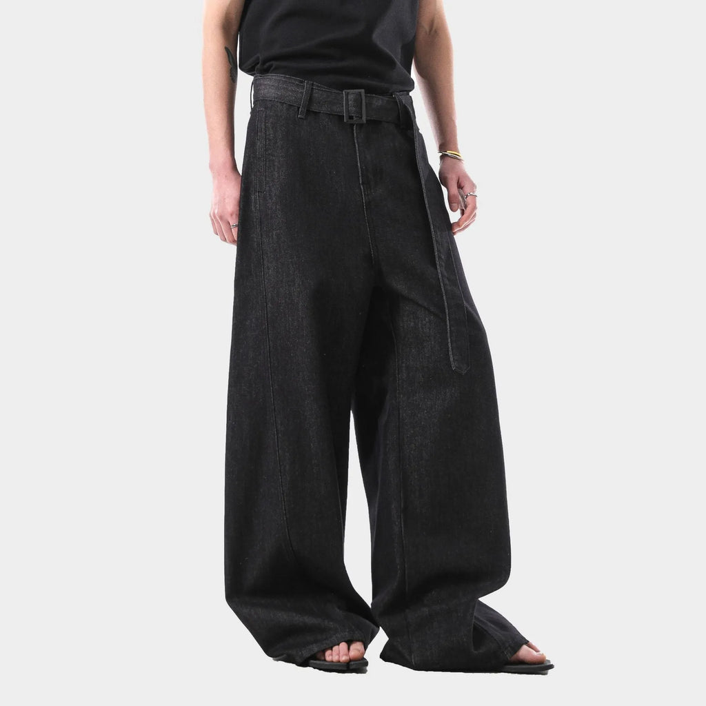 Black straight leg jeans with gold detailing and high waist design