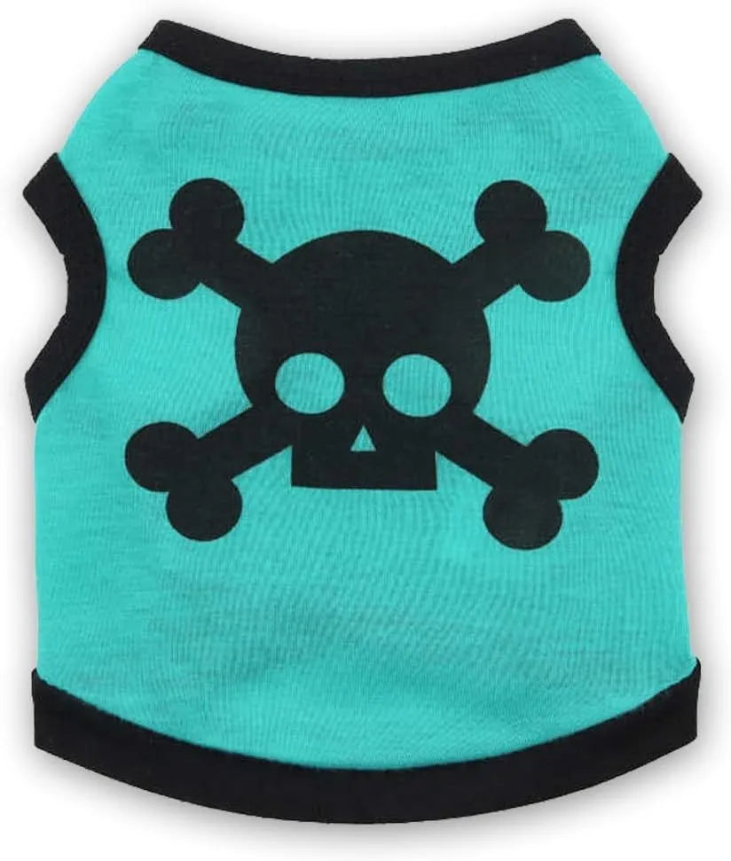 Pack of five Halloween dog vests in blue, orange, and purple with skull and bones pattern on white background