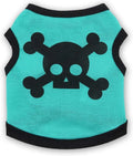Pack of five Halloween dog vests in blue, orange, and purple with skull and bones pattern on white background