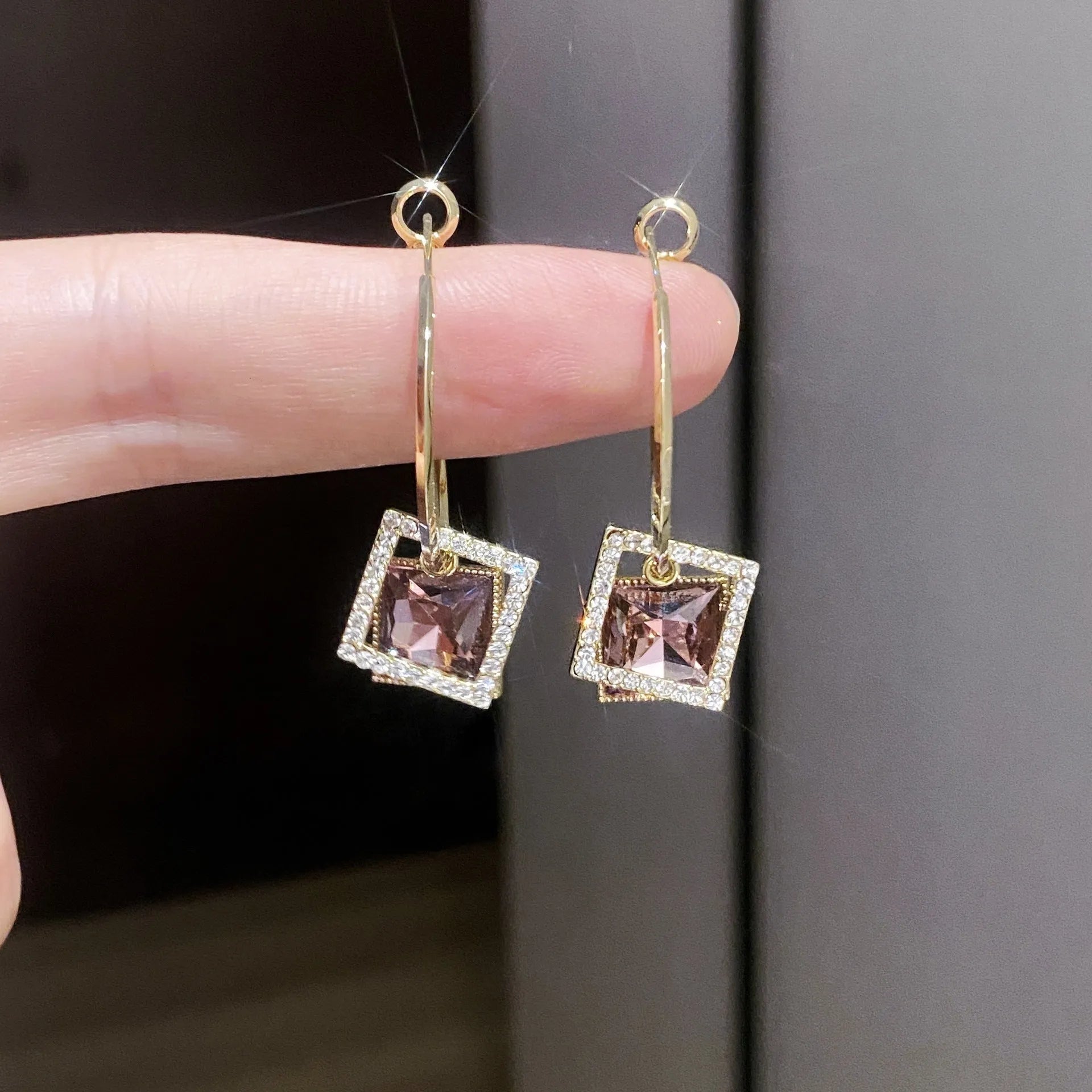 Square inlaid zircon earrings for women, copper plated gold with 925 silver needle, geometric quadrilateral shape, fashion OL style