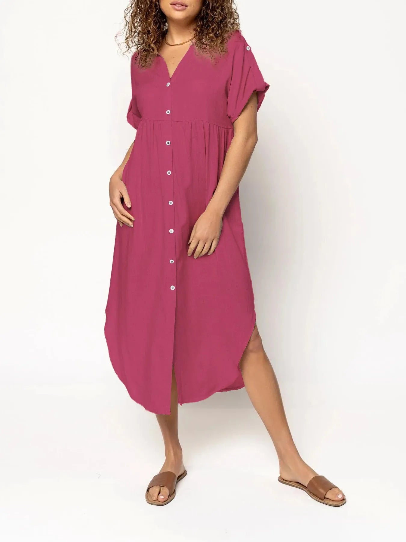 Button-front mid-length casual dress in solid colours with regular sleeves and polyester fabric
