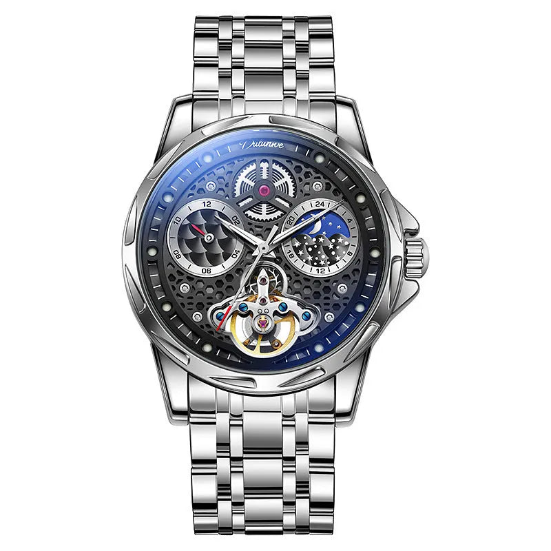 Men's automatic watch with luminous hands on steel bracelet, black dial, waterproof case