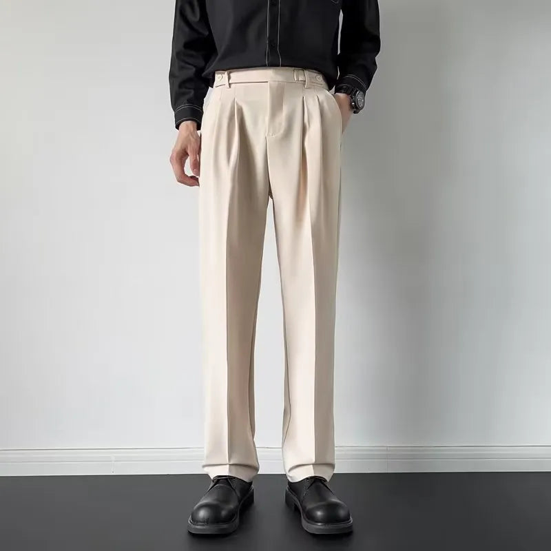 Men's straight-leg suit pants with loose fit in apricot and black polyester fabric