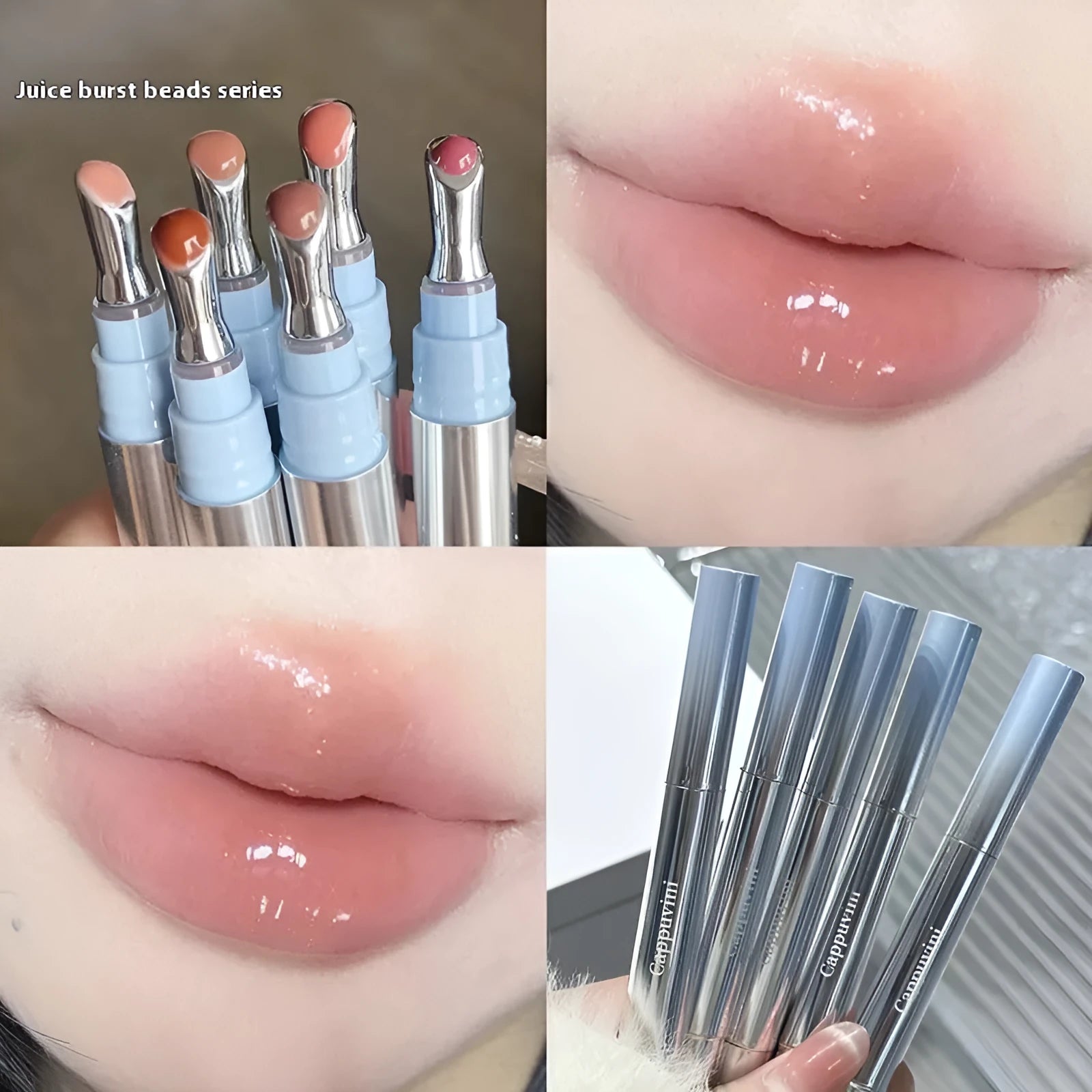 Mirror Water Light Lip Gloss Lipstick in six sheer shimmer shades in a slim case.