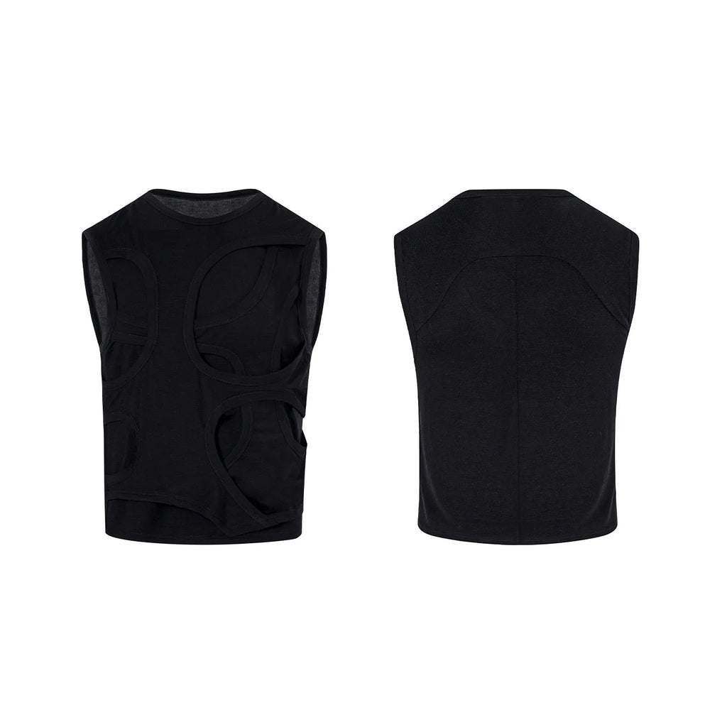 Men's solid colour lyocell vest in black, showing round neck and tank-top style on a hanger.