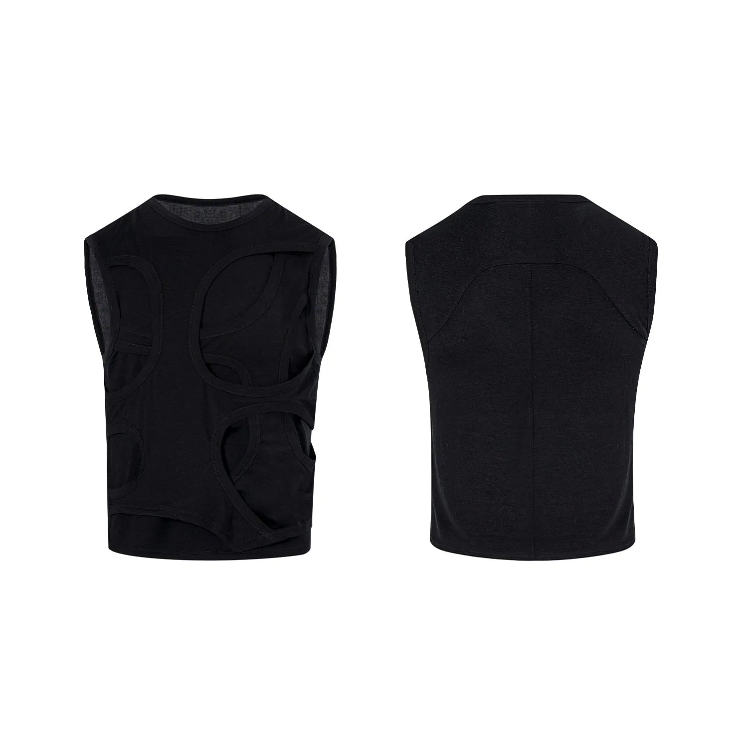 Men's solid colour lyocell vest in black, showing round neck and tank-top style on a hanger.
