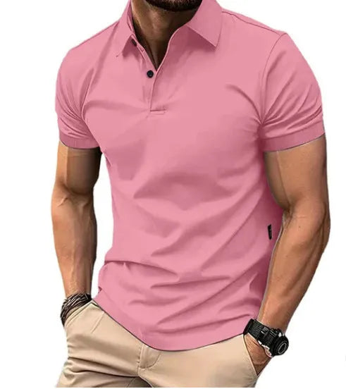 Men's slim fit button-front short sleeve casual shirt in a solid colour on a hanger.