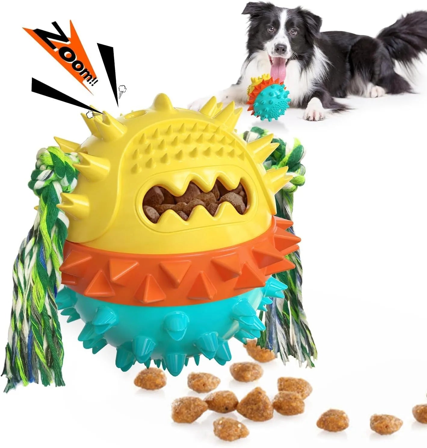Blue and red TPR rubber squeaky dog ball with treat hole and rope tug.