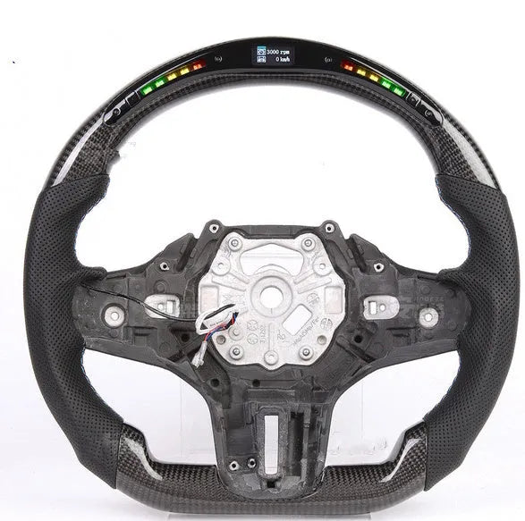 Black carbon fibre BMW steering wheel with LED display and heating controls