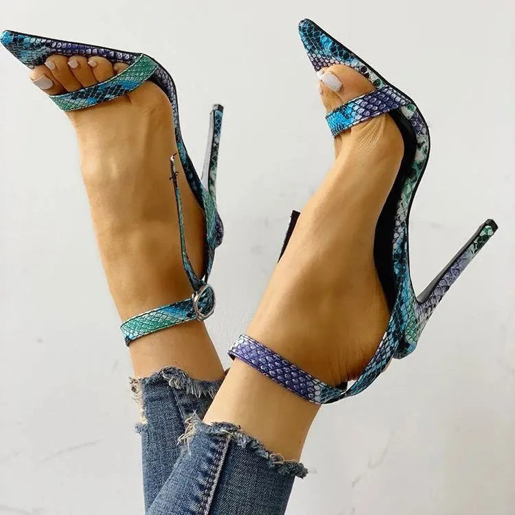 Blue women's high heels with buckle fastening and hollow-out design in European large sizes