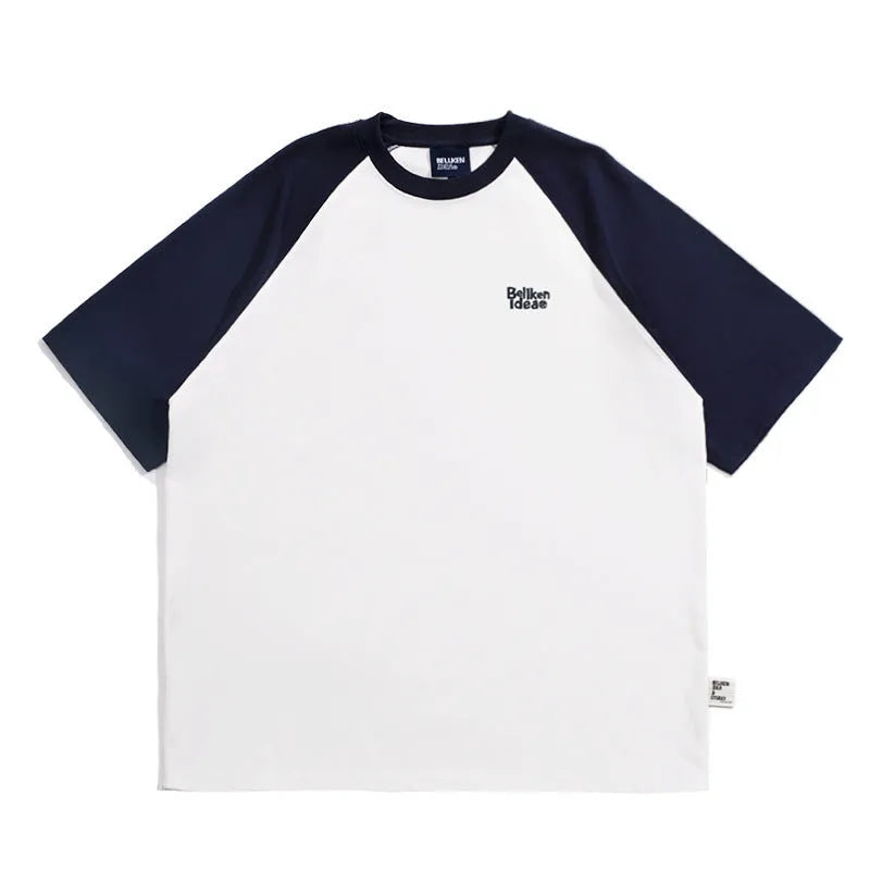 Blue loose-fit men's raglan sleeve T-shirt on a hanger, front view.