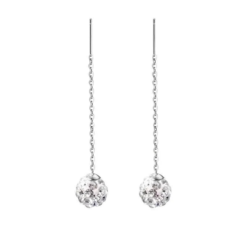 Long sterling silver needle ear string with a choice of geometric or pearl pendants for women.