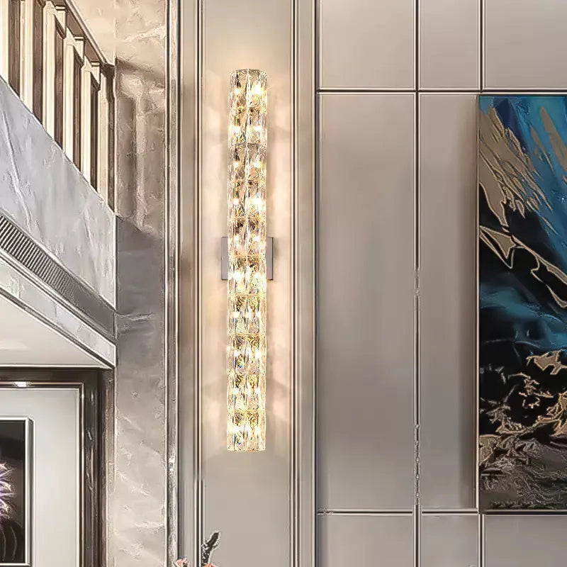 Crystal wall lamp with LED tri-colour light in chrome or gold finish showing multiple size options