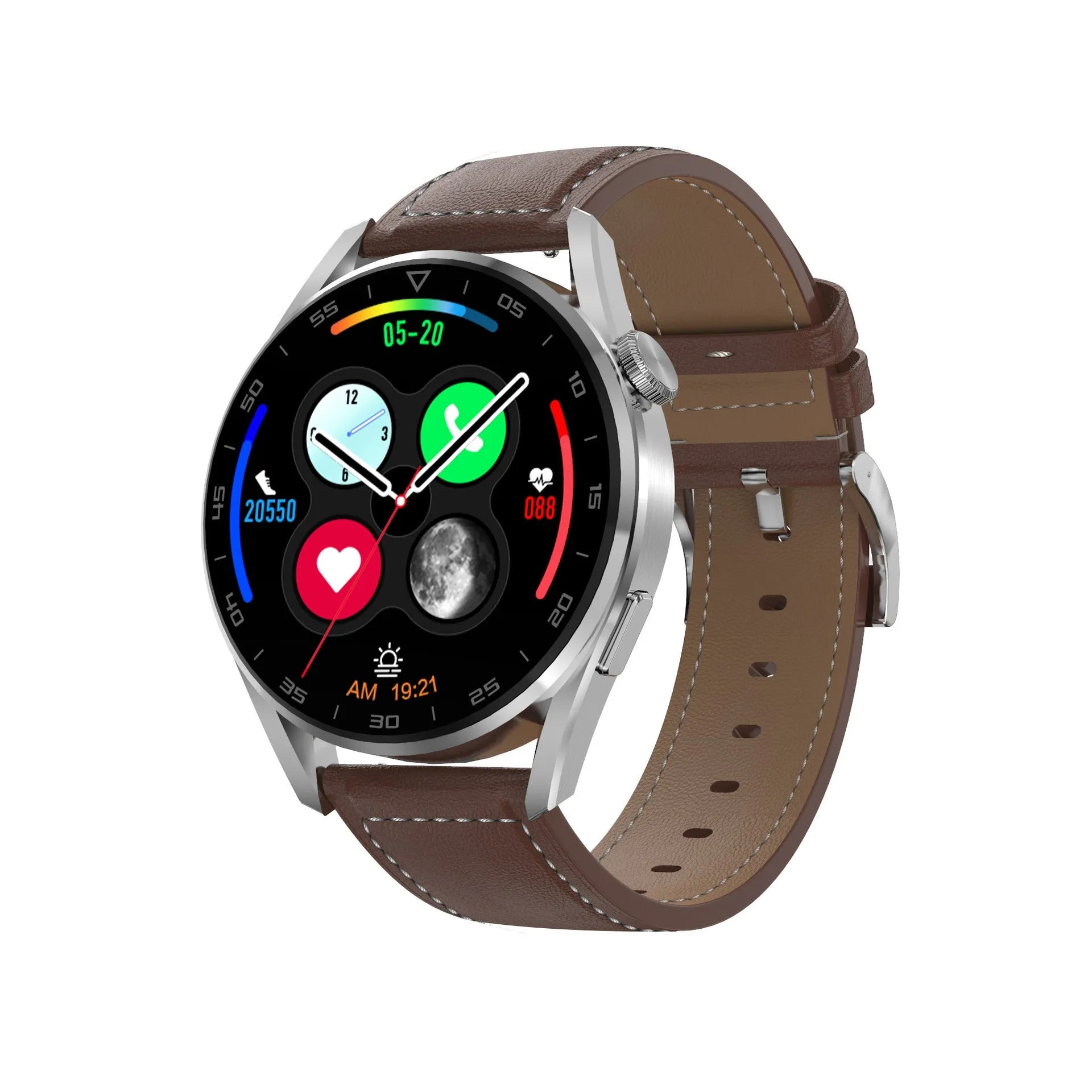 Black smart watch with metal wristband showing 1.3 inch display with Bluetooth calling interface