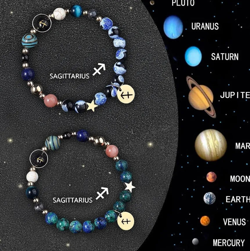 Set of twelve beaded bracelets for each zodiac sign with natural stone and crystal beads.