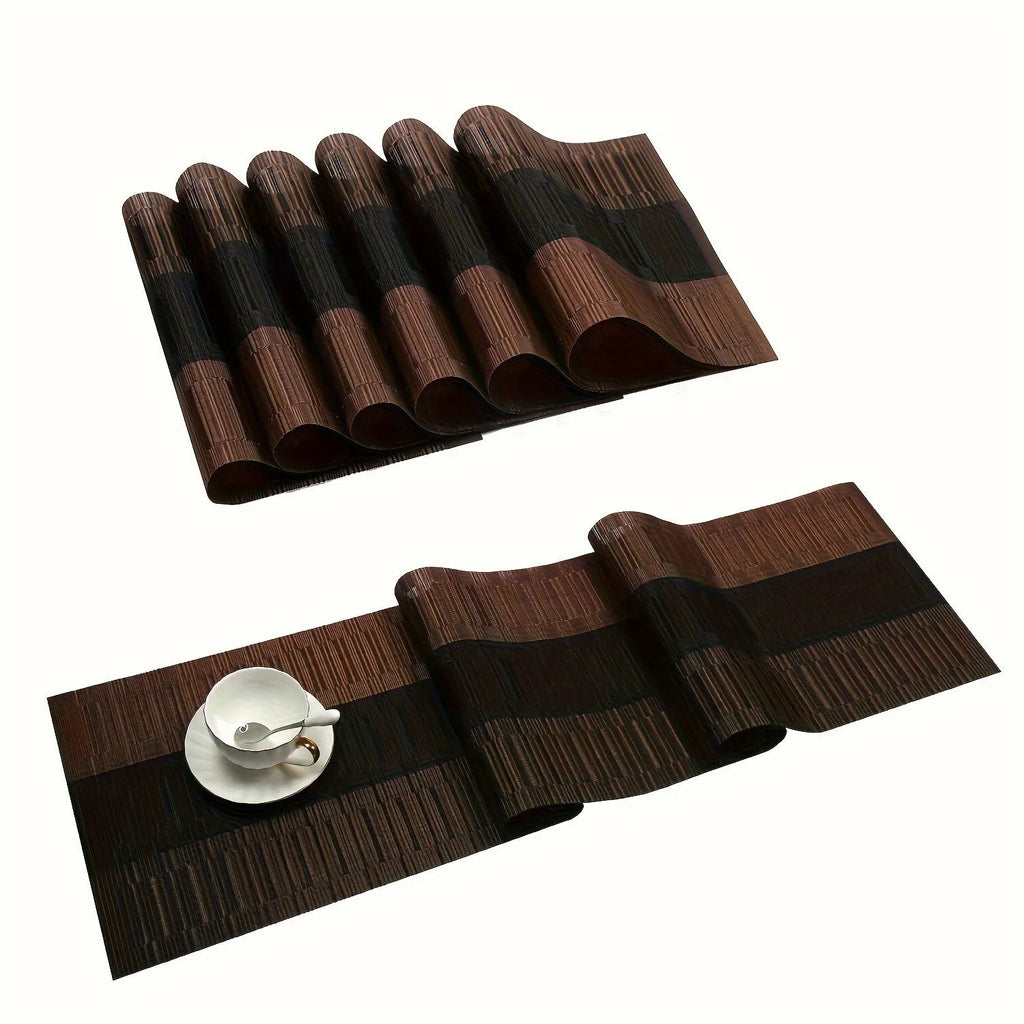 PVC non-slip dish mat in modern simple style on a dining table, showing gradient bamboo black colour option.