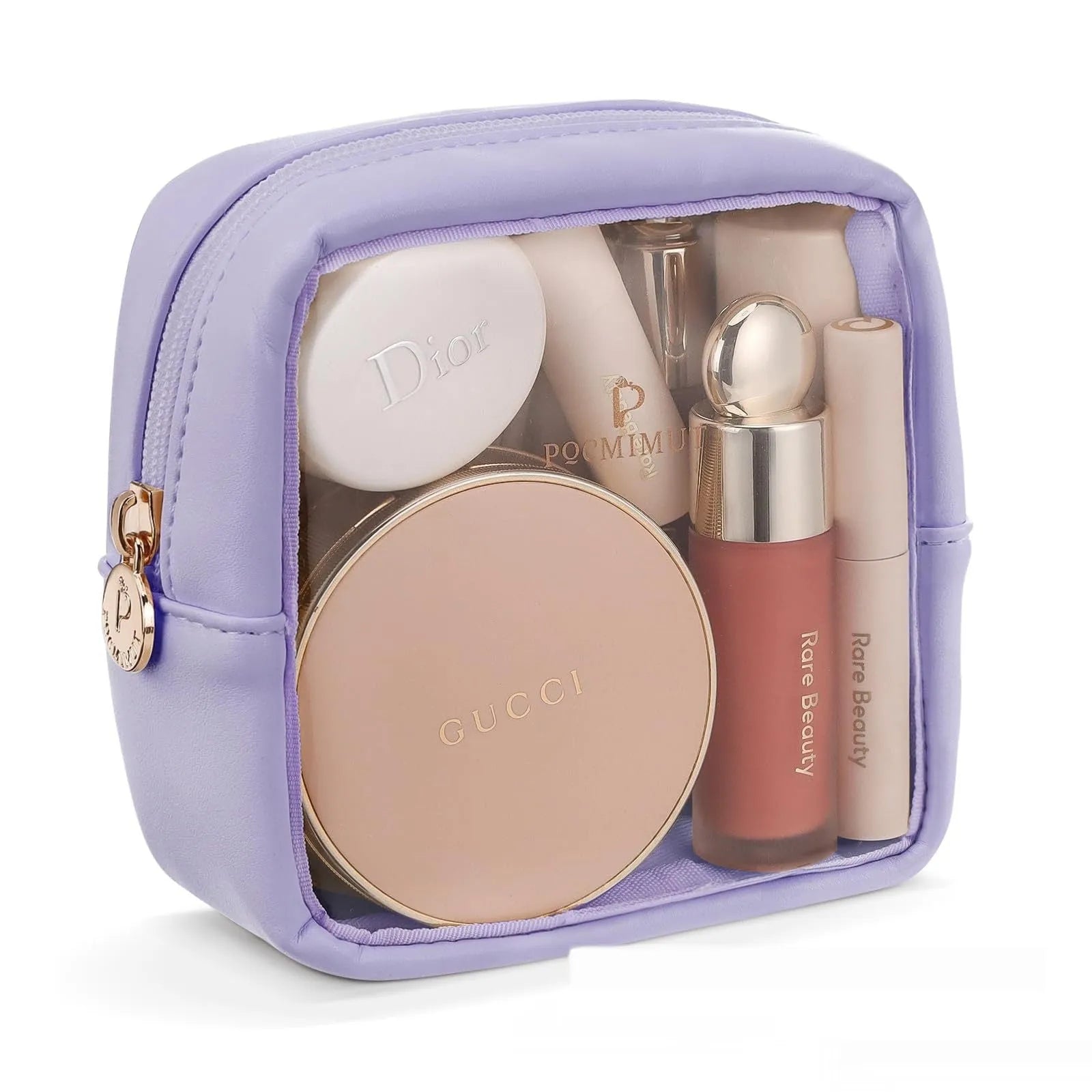 Clear PVC cosmetic bag with waterproof lining shown in a beige colour option.