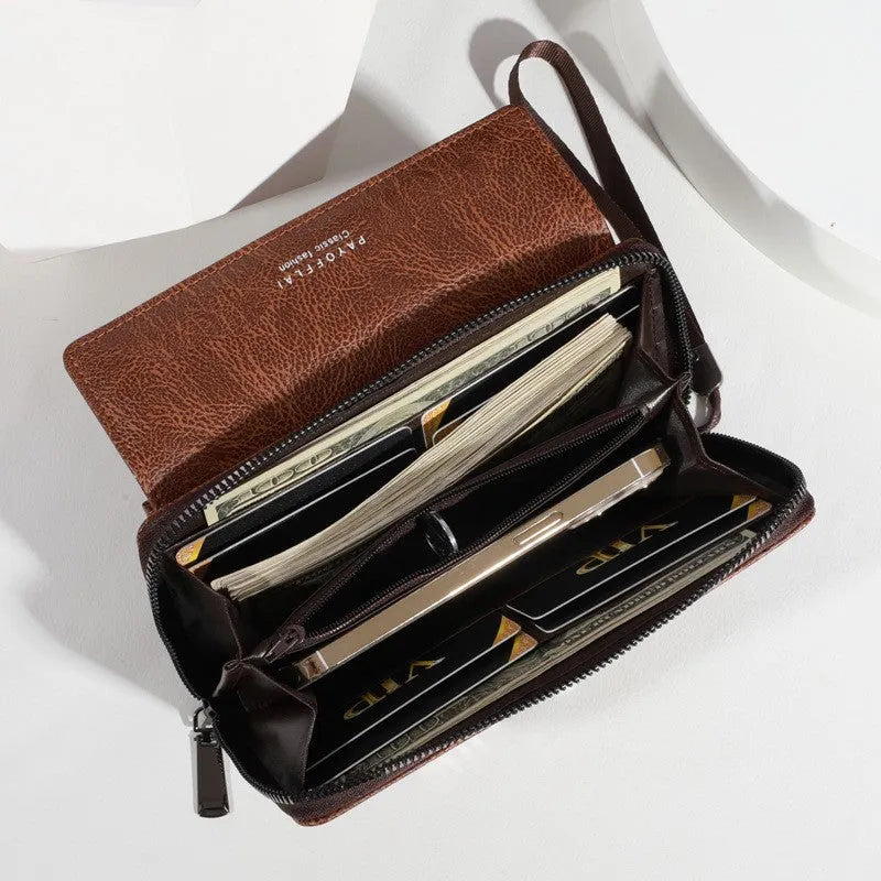 Men's black PU leather long wallet open showing multiple card slots and a zipped coin pocket.