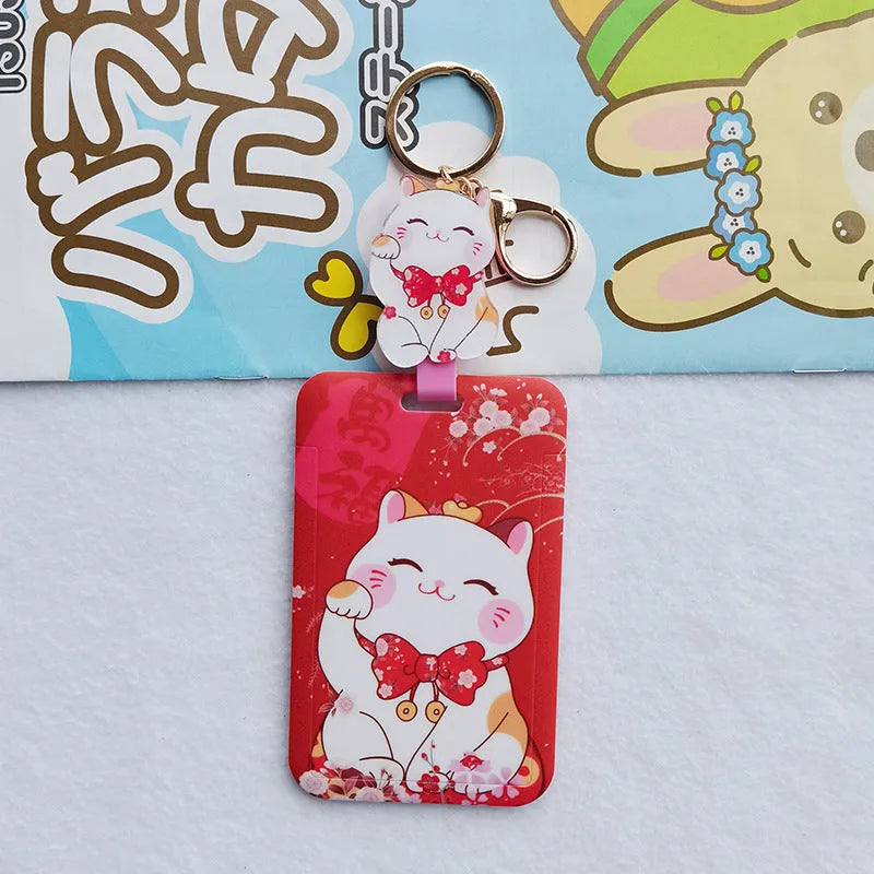 Cartoon lucky cat design plastic certificate sleeve and matching ferrule pendant set.