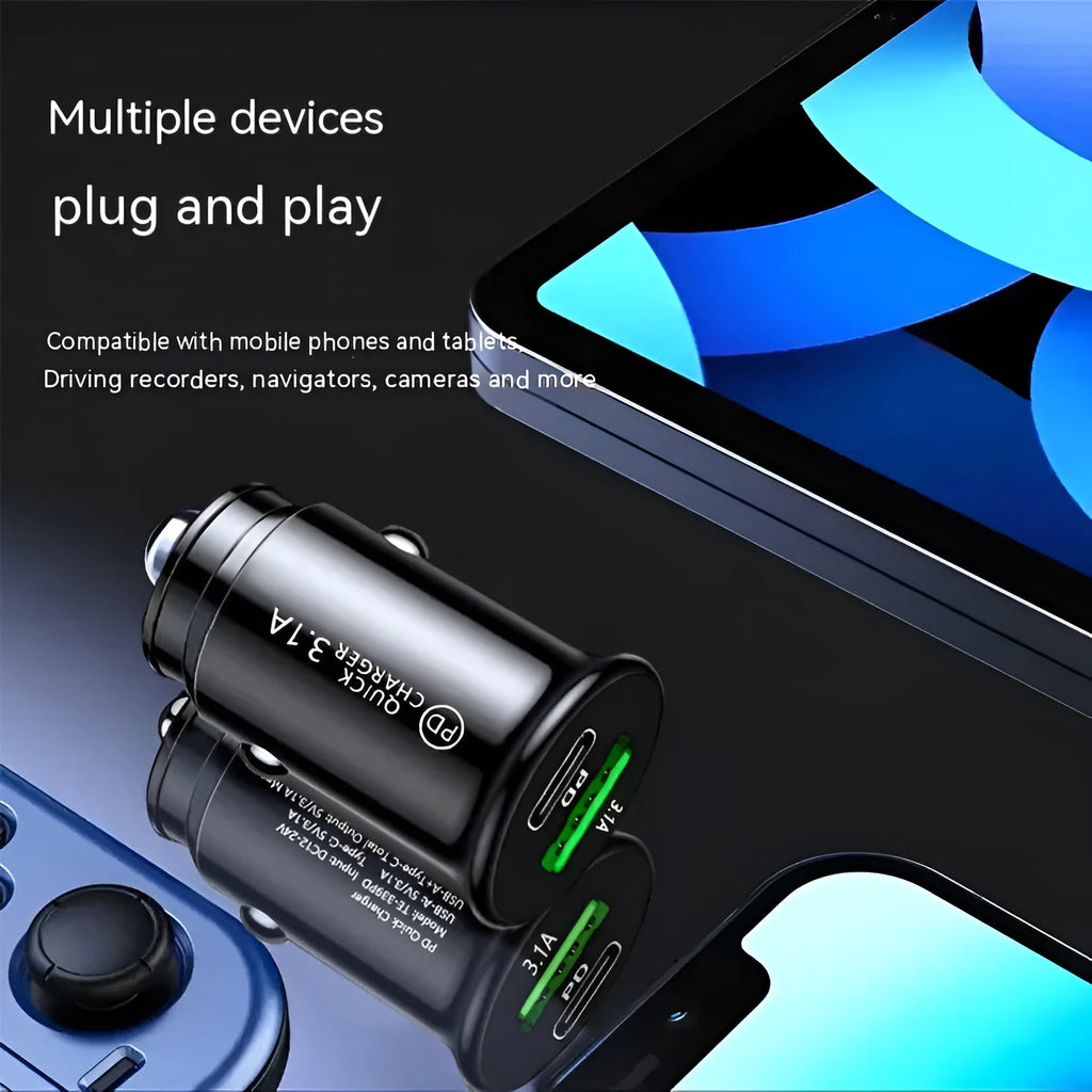 Dual USB port car charger converter with 12V car cigarette lighter plug in black bare metal finish