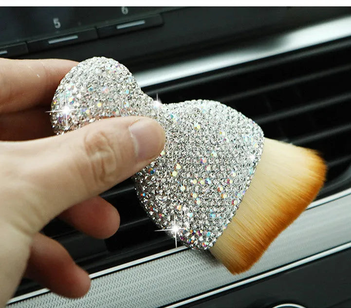 Car interior cleaning brush with soft PVC bristles, shown in white, pink, and black colour options