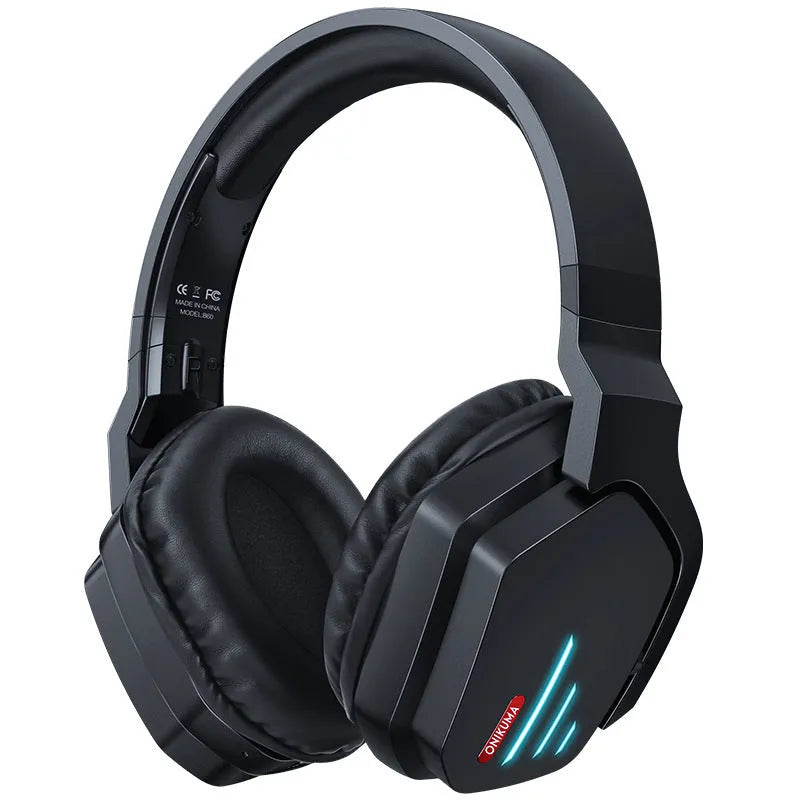 Luminous black wireless headphones with head-mounted design showing 3.5mm cable and dust bag