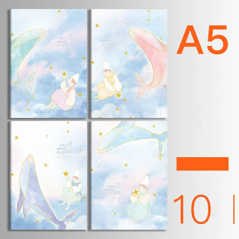 Bundle of ten soft-cover kraft paper notebooks with thread binding in various animal and nature designs.