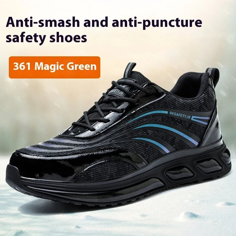 Leather anti-smash and puncture resistant safety work shoes in orange, grey, green, and yellow.