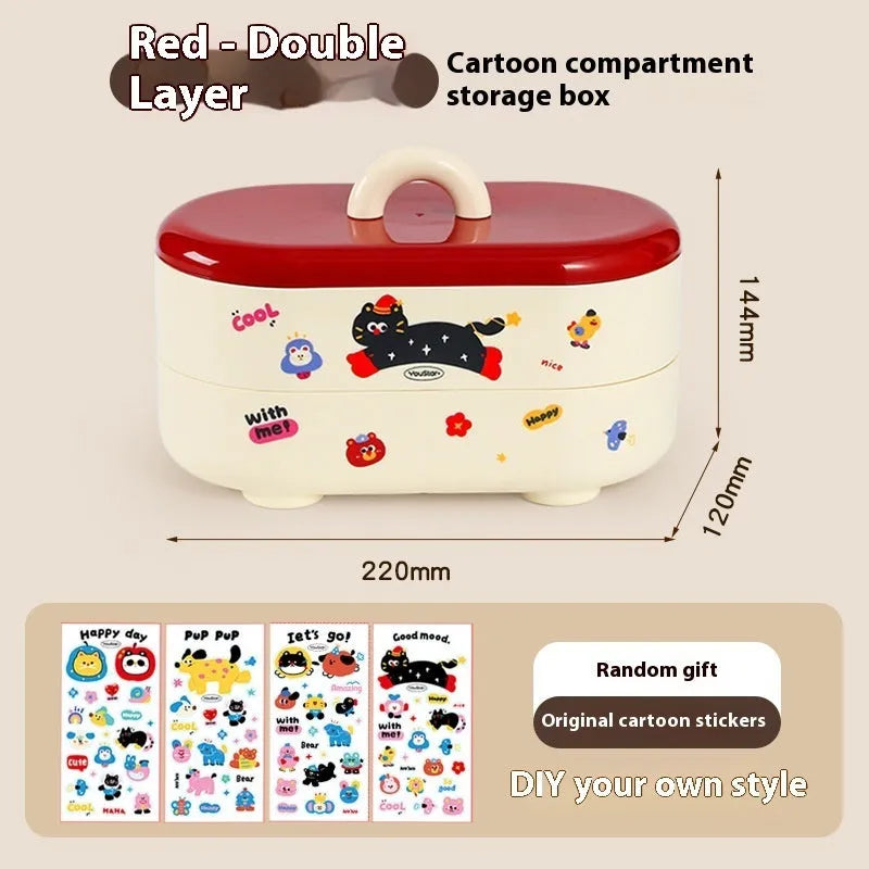 Cartoon-style red and brown plastic desktop storage box with grid compartments for organising pens and stationery.