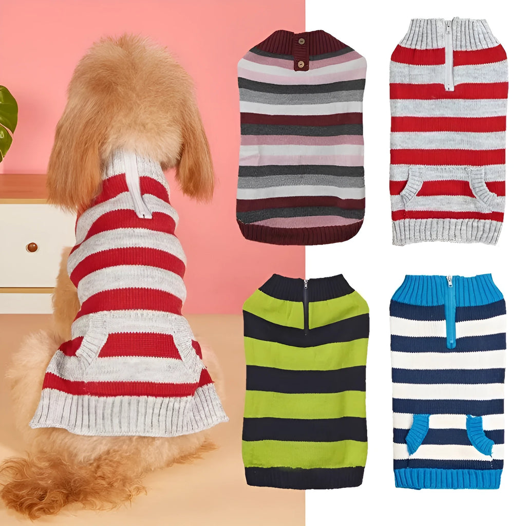 Grey dog sweater with horizontal zipper, button pocket, and contrast colour details for small to medium-sized dogs