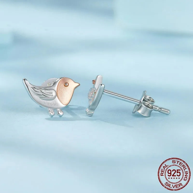 S925 sterling silver bird ear studs electroplated finish three-dimensional design side view