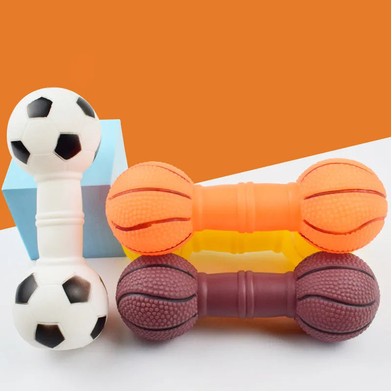 Football dumbbell shaped dog chew toy with squeaker in brown, orange, white, and yellow colour options.