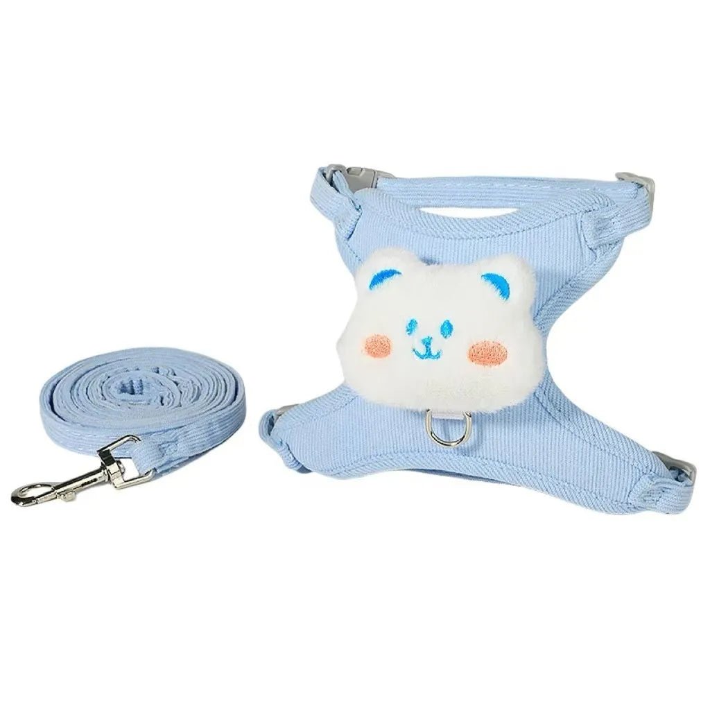 Adjustable corduroy cat walking rope with chest strap, blue bear colour, 1.2m length